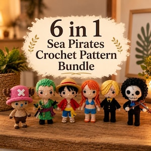 May include: Six crochet dolls representing characters from a sea pirate theme, including figures with pink hats, green hair, straw hats, orange hair, blonde hair, and a skeleton with a violin. The text 6 in 1 Sea Pirates Crochet Pattern Bundle is visible.