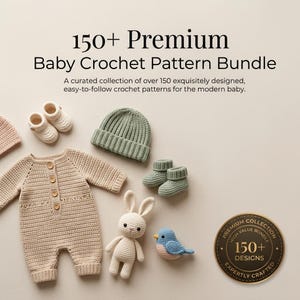May include: A selection of baby crochet items, including a romper, hat, booties, and a bunny and bird toy. The image includes the text "150+ Premium Baby Crochet Pattern Bundle". The items are in neutral colours.
