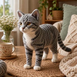 Peut inclure: Une figurine de chat crochetée à la main présentant un motif tabby rayé gris et blanc. Le chat a des yeux ambrés, des oreilles pointues et des pattes blanches. La texture du fil est visible sur tout le corps, mettant en valeur des points détaillés et une posture féline réaliste avec une longue queue rayée.