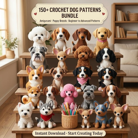 Crochet Dog Pattern Bundle PDF | Amigurumi Puppy Breed Patterns |  fluffy poodles, dachshund, bulldog, husky, pugs, labradoodles