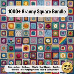 Paquete de 1000 patrones de ganchillo de cuadrados de abuela en formato PDF. Colección de motivos de mantas afganas, cuadrados florales de abuela y diseños de ganchillo para patchwork.