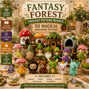 Könnte beinhalten: Ein Fantasy Forest Häkelmuster-Paket mit 50 magischen Amigurumi-Anleitungen. Die Sammlung enthält Gnome, Feen, Häuser, Tiere und Zubehör. Das Bild zeigt verschiedene gehäkelte Figuren wie Pilzhäuser, kleine Wesen und Tiere in einer Waldszene.