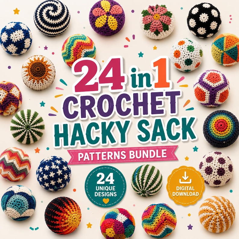May include: A collection of 24 colorful crocheted hacky sacks featuring various geometric, floral, and striped patterns. The text 24 in 1 CROCHET HACKY SACK PATTERNS BUNDLE is displayed in the center, along with 24 UNIQUE DESIGNS and DIGITAL DOWNLOAD.