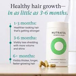 May include: A white bottle of Nutrafol Women's Vegan hair growth nutraceuticals with a green circular design, next to several capsules. The text reads "Healthy hair growth - in as little as 3-6 months."