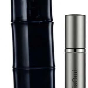 May include: Two perfume bottles. The larger bottle is dark blue with a bamboo-like design. The smaller bottle is silver with the text "Iris Oud". Both bottles are upright against a white background.