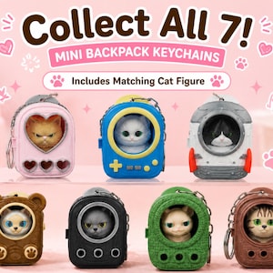 Kawaii Cat Backpack Charm Set | Matching Figure Keychain | Mini Collectible Desk Buddy