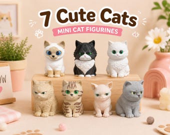 May include: Seven mini cat figurines in various colors and patterns are displayed on a wooden block. The figurines include a white cat with blue eyes, a black and white cat, and a gray cat. The text "7 Cute Cats" is at the top.