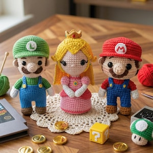 May include: Crocheted figures of Mario, Luigi, and Princess Peach, with a question mark block, coins, and a mushroom. The figures are on a wooden table with a doily and a Mario Bros. game cartridge.