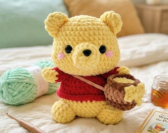 Orsetto Winnie the Pooh con vasetto di miele, peluche fatto a mano all'uncinetto, portachiavi all'uncinetto, portachiavi amigurumi, regalo carino fatto a mano