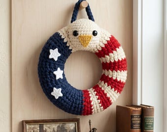 Ghirlanda con aquila per il 250° anniversario di Crochet America, ghirlande con aquila per la porta d'ingresso all'uncinetto, appendiabiti per porta con aquila americana di ispirazione militare