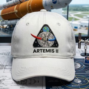 May include: A white baseball cap with the "ARTEMIS II" logo. The logo features a triangular emblem with a globe, a red and blue design, and the NASA logo. The cap is sitting on a blueprint with a model of a rocket in the background.