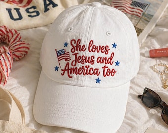 Cappellino da papà lavato con ricamo "He/She Loves Jesus & America Too", simpatico cappellino patriottico cristiano, cappellino per il 4 luglio, cappellino western a tema religioso.