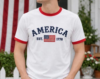 EMBROIDERED America 1776 Ringer Tshirt, Minimal Patriotic Tee, 250th Anniversary USA Tee, Minimal 4th of July Shirt, Independence Day Tee