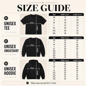 May include: A size guide chart featuring black illustrations of a t-shirt, sweatshirt, and hoodie. Each item includes a diagram with arrows indicating chest width and length. Corresponding tables list sizes from XS to 5XL with measurements in inches.