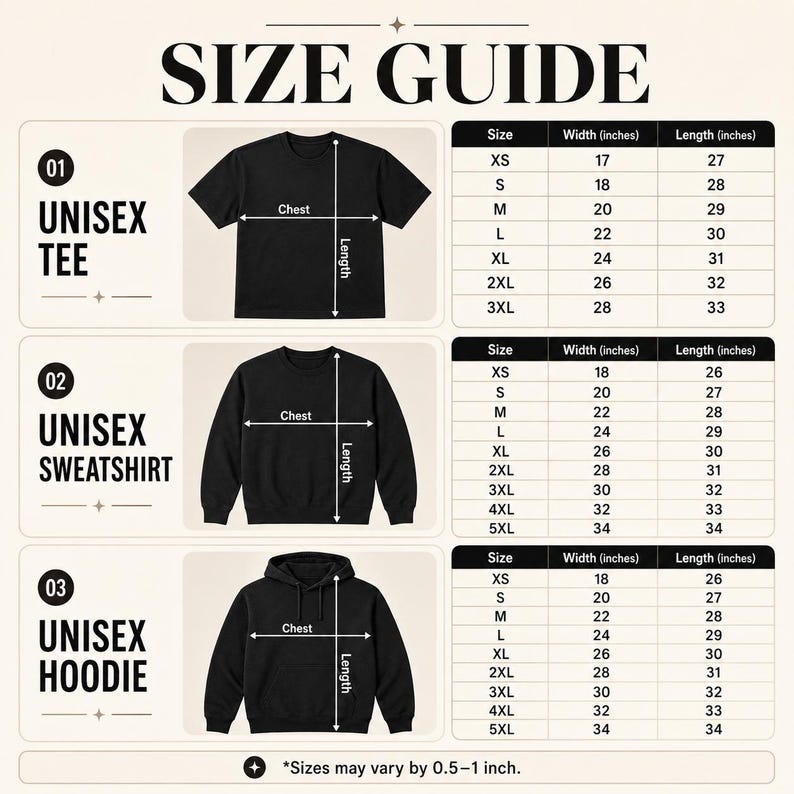 May include: A size guide chart featuring black illustrations of a t-shirt, sweatshirt, and hoodie. Each item includes a diagram with arrows indicating chest width and length. Corresponding tables list sizes from XS to 5XL with measurements in inches.