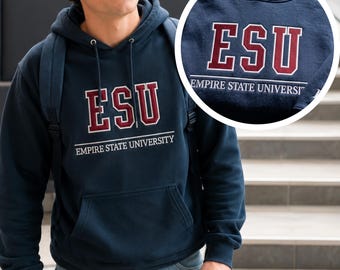 Personalized ESU Empire State University Embroidered Hoodie, Custom Name College Sweatshirt, Spiderman Inspired Fan Gift