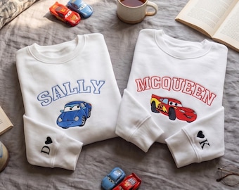Custom Couple Matching Lightning McQueen & Sally Embroidered Sweatshirt, Matching Cartoon Shirts, Family Shirts, Mother Day Shirt