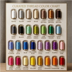May include: A rectangular curated thread color chart featuring twenty-eight individual spools of thread arranged in four rows. Each spool is set into a recessed slot with its corresponding color name printed in black text below it on the board.