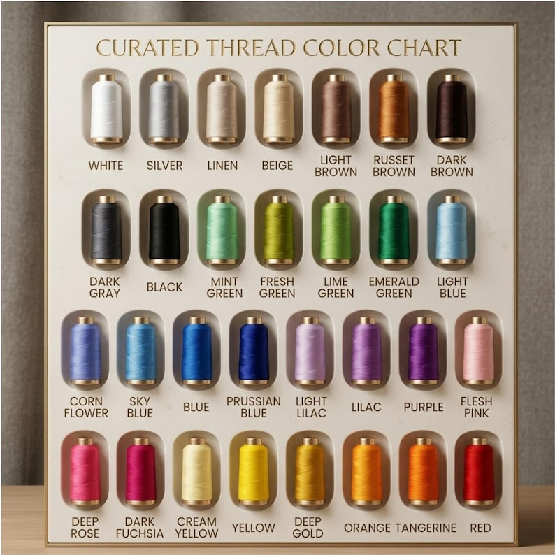 May include: A rectangular curated thread color chart featuring twenty-eight individual spools of thread arranged in four rows. Each spool is set into a recessed slot with its corresponding color name printed in black text below it on the board.