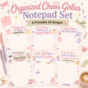Könnte beinhalten: Ein Notizblock-Set mit sechs bedruckbaren A4-Designs. Das Set hat ein rosa-lila Farbschema mit dem Text "Organized Chaos Girlies Notepad Set". Jeder Notizblock hat ein anderes Design mit Platz für Notizen und Listen.