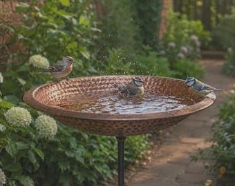 Hammered Copper Bird Bath with Stand, Rustic Garden Decor, Outdoor Bird Feeder Bowl