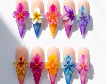 Handmade 3D Floral Orchid Press On Nails | Colorful Watercolor Art & Flower Nails | Stiletto Nails For Spring Garden Party and Wedding
