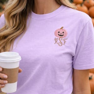 Embroidered Pink Pumpkin Monogram Shirt, Personalized Jack O Lantern Fall Tee