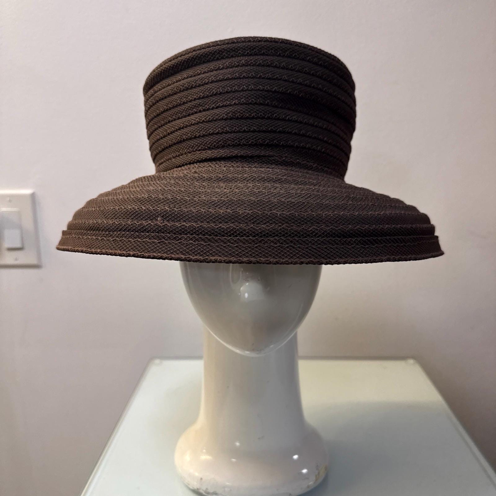 Vintage Black/Brown Straw Wide Brim Derby Hat Handmade Kentucky Derby Hat: Tan Straw Wide Brim With Black  main image 2