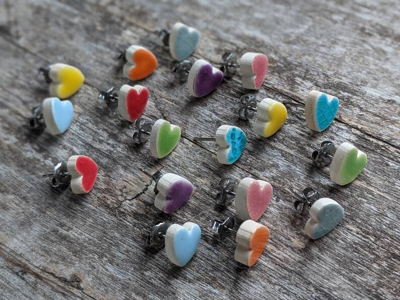 Colourful heart ceramic earrings hypoallergenic stud posts Etsy