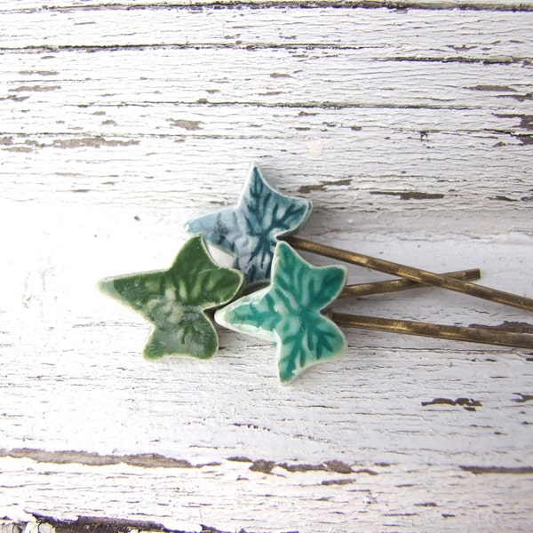 Ivy bobby pin hair clip set green glazed ceramic antique bronze hair Winter Wedding hair pins