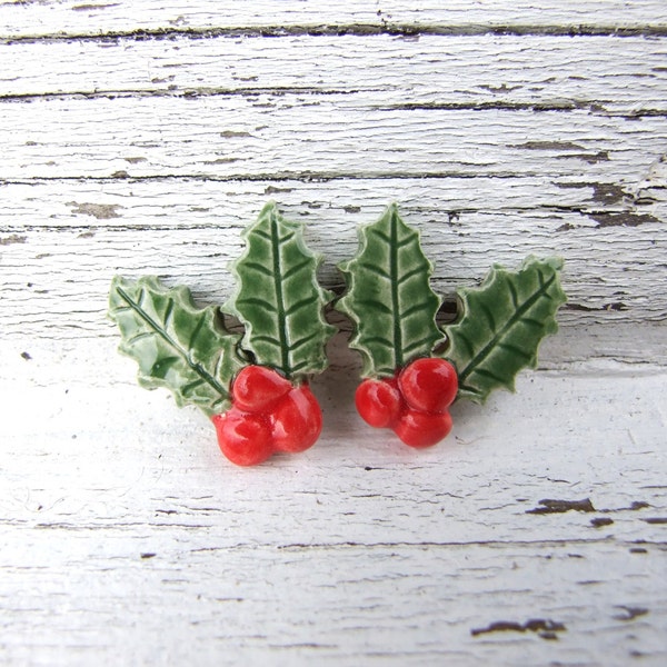 Holly earrings, red, green ceramic stud posts, handmade, Winter fashion