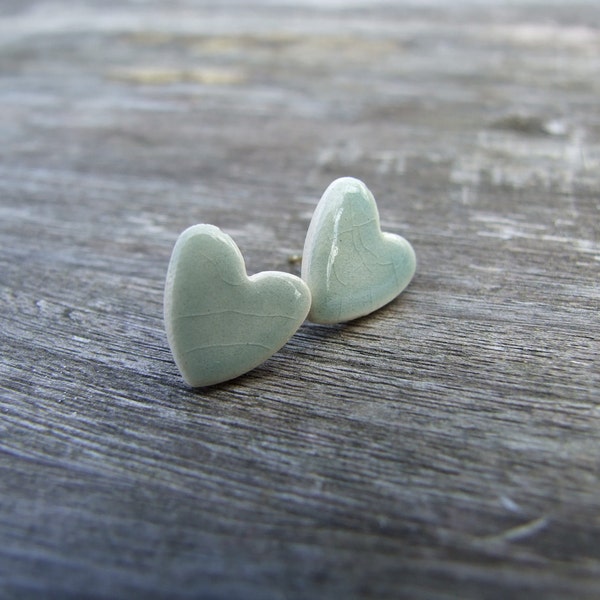 Grey jade heart earrings celadon green crackle glaze little hearts stud posts grey green soft green