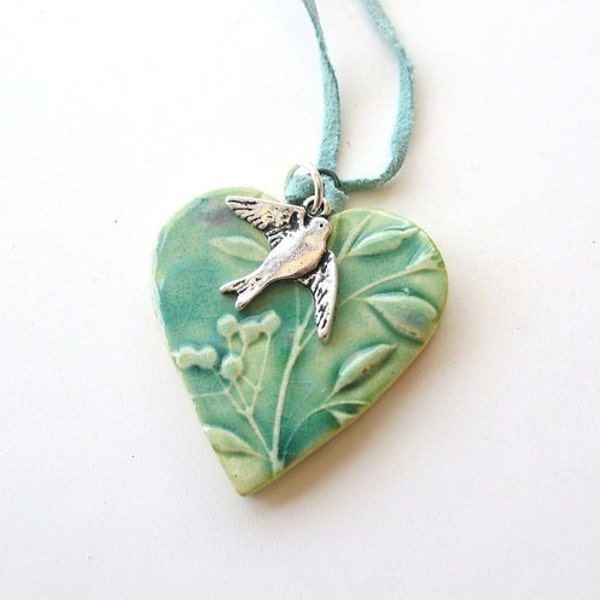 Heart pendant Spring green turquoise glaze swallow vegan suede, Valentine's gift