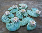 Water lily brooch, ceramic green lily pad leaf