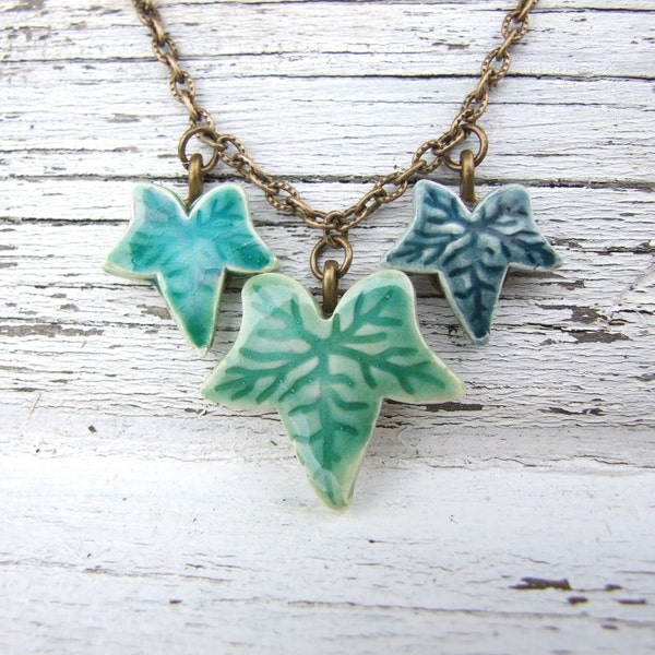 Ivy leaf necklace, green glazed ceramic, emerald, leaf green