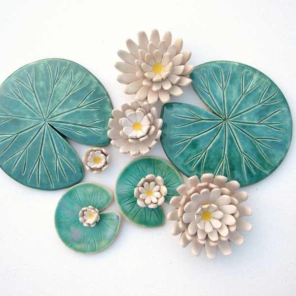 Set of Lily pad coasters and lily flowers ceramic green leaf Summer time Waterlily emerald green