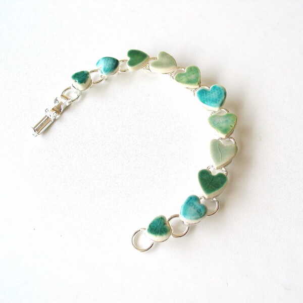 Emerald heart bracelet, turquoise, green ceramic, silver plated