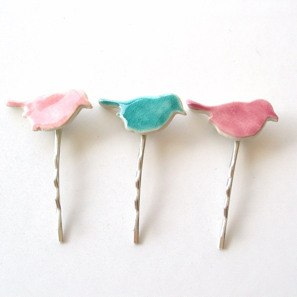 3 oiseau mignon épingles à cheveux Rose et turquoise carreaux pastels d'épingles à cheveux en céramique couleur argent