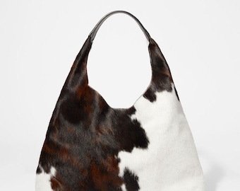 Cowhide Hobo Bag: Hair on Leather Slouchy Tote, Western Style Gift For Him Her