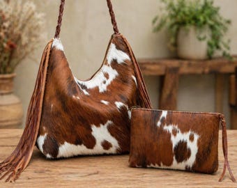 Cowhide Hobo Bag: Hair on Leather Slouchy Tote, Western Style Gift For Mother's Day