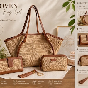 Geflochtenes Stroh Leder Einkaufstaschen Set, 4-teilige Sommerkollektion