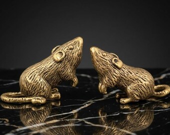Figura de ratón de latón vintage en miniatura - Estatua de rata de bronce macizo detallada, amuleto del animal del zodiaco de la suerte