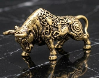 Solid Brass Bull Statue Miniature Vintage Antique Bronze Charging Ox Lucky Zodiac Feng Shui Figurine