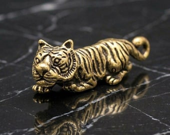 Solid Brass Tiger Statue Miniature Vintage Antique Bronze Crouching Tiger Lucky Zodiac Feng Shui Figurine