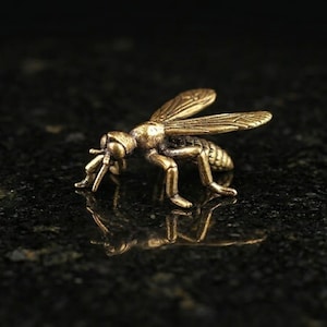 May include: A brass mosquito figurine, with detailed wings and body features. The insect is positioned on a dark, reflective surface, enhancing its metallic appearance and fine craftsmanship. The mosquito's legs and proboscis are clearly defined, showcasing the detail.