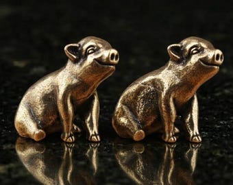 Figura de cerdo en miniatura de latón, pequeña estatua de cerdito de bronce vintage, amuleto de la suerte, regalo