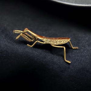 May include: A detailed, golden-colored praying mantis figurine. The insect is depicted with intricate details, including its segmented body, legs, and large, grasping forelegs. The mantis is positioned on a dark surface, highlighting its metallic sheen.