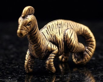 Estatua de dinosaurio Parasaurolophus de latón macizo en miniatura, figura de animal prehistórico de bronce antiguo vintage.