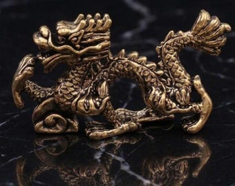 Estatua de dragón en latón macizo en miniatura, estilo vintage, bronce antiguo, decoración oriental de animales míticos Feng Shui.