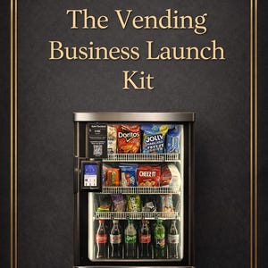 Puede incluir: Imagen promocional de "The Vending Business Launch Kit" con una máquina expendedora llena de snacks y bebidas. La imagen incluye el texto "PROLIFIC VENDING PRESENTS: The Vending Business Launch Kit" y "BY: LINDA J".